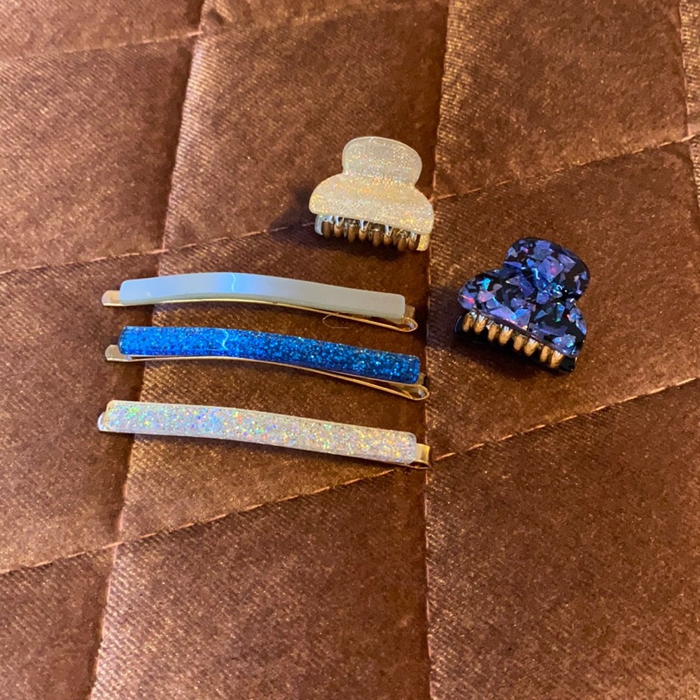 Blue, white, gray, hair clips